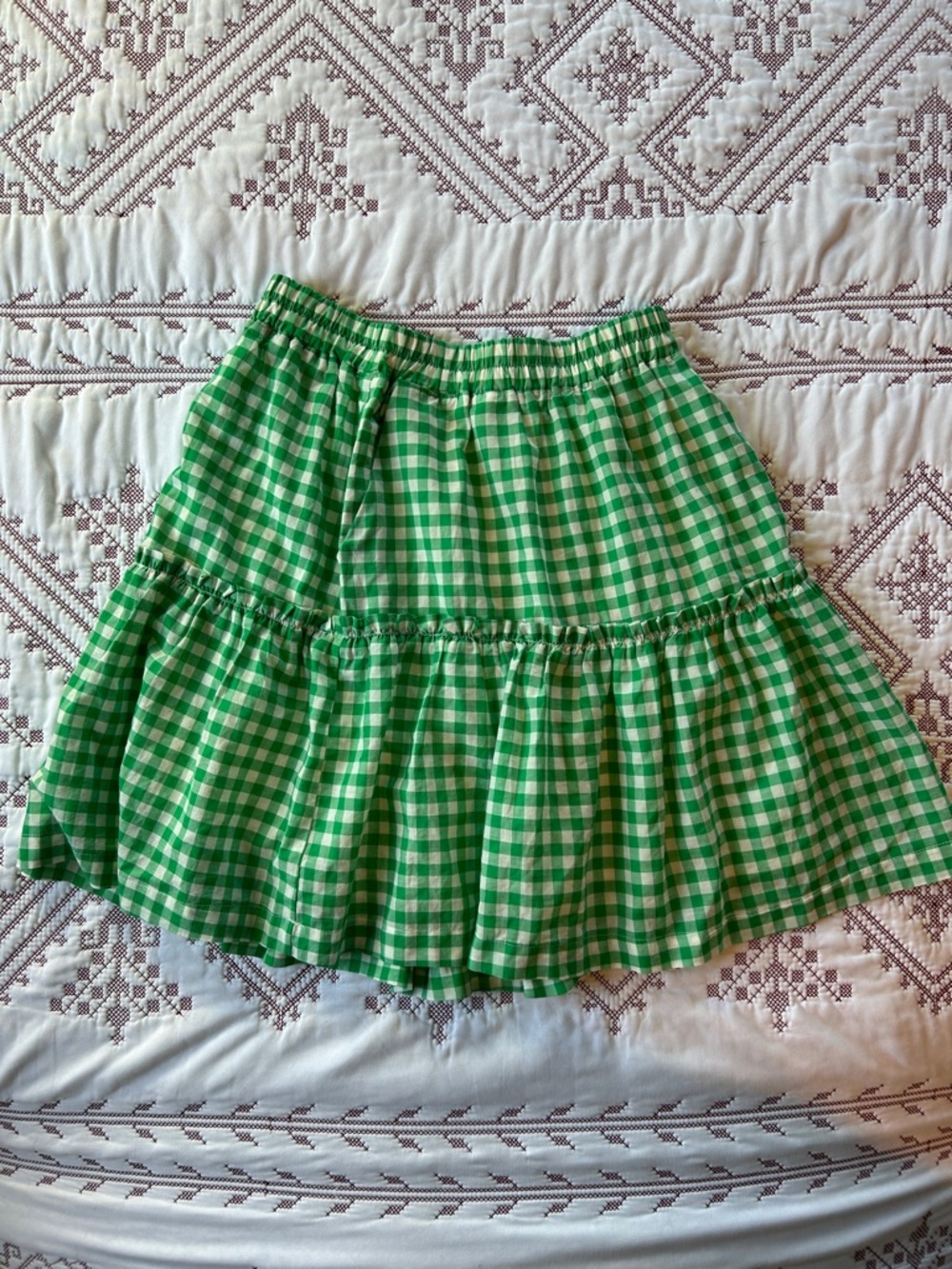 Draper James Green Gingham Tiered Mini Skirt with Elastic Waist